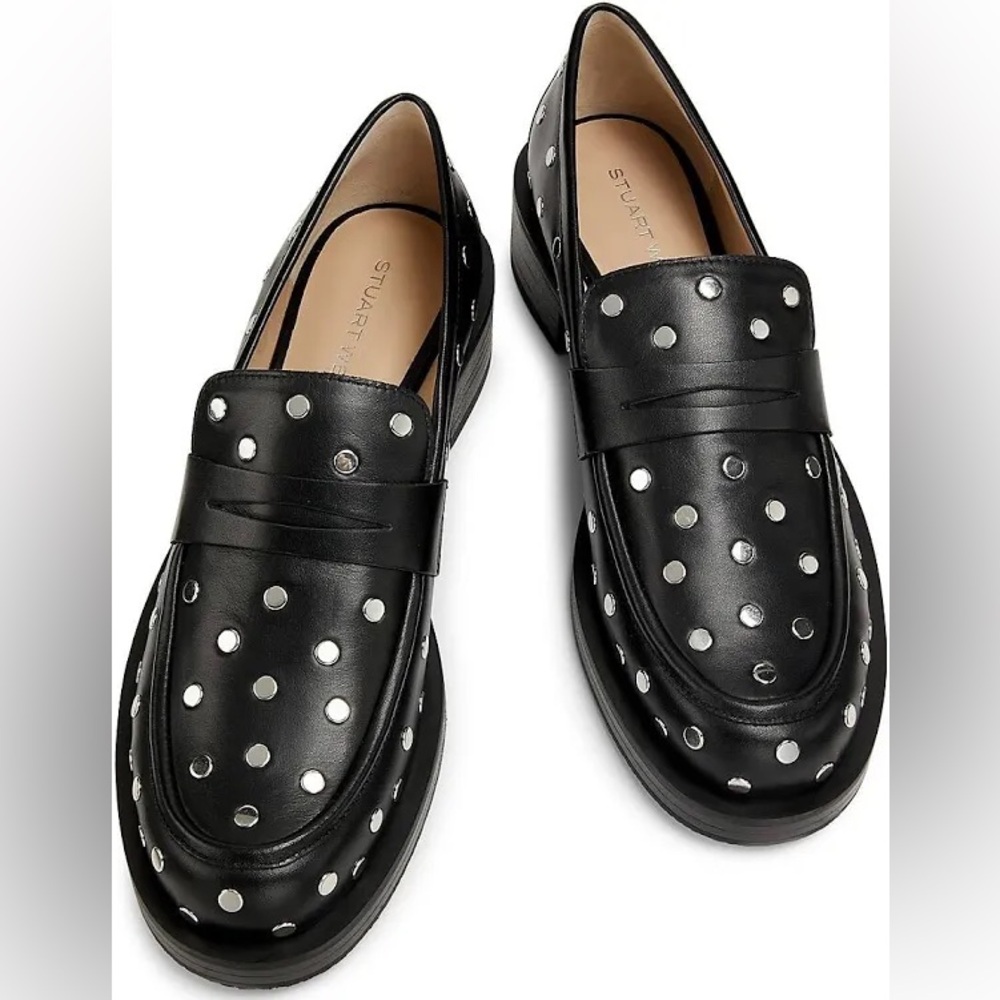 STUART WEITZMAN Palmer Bold Studded Leather Loafers Size 9 Black